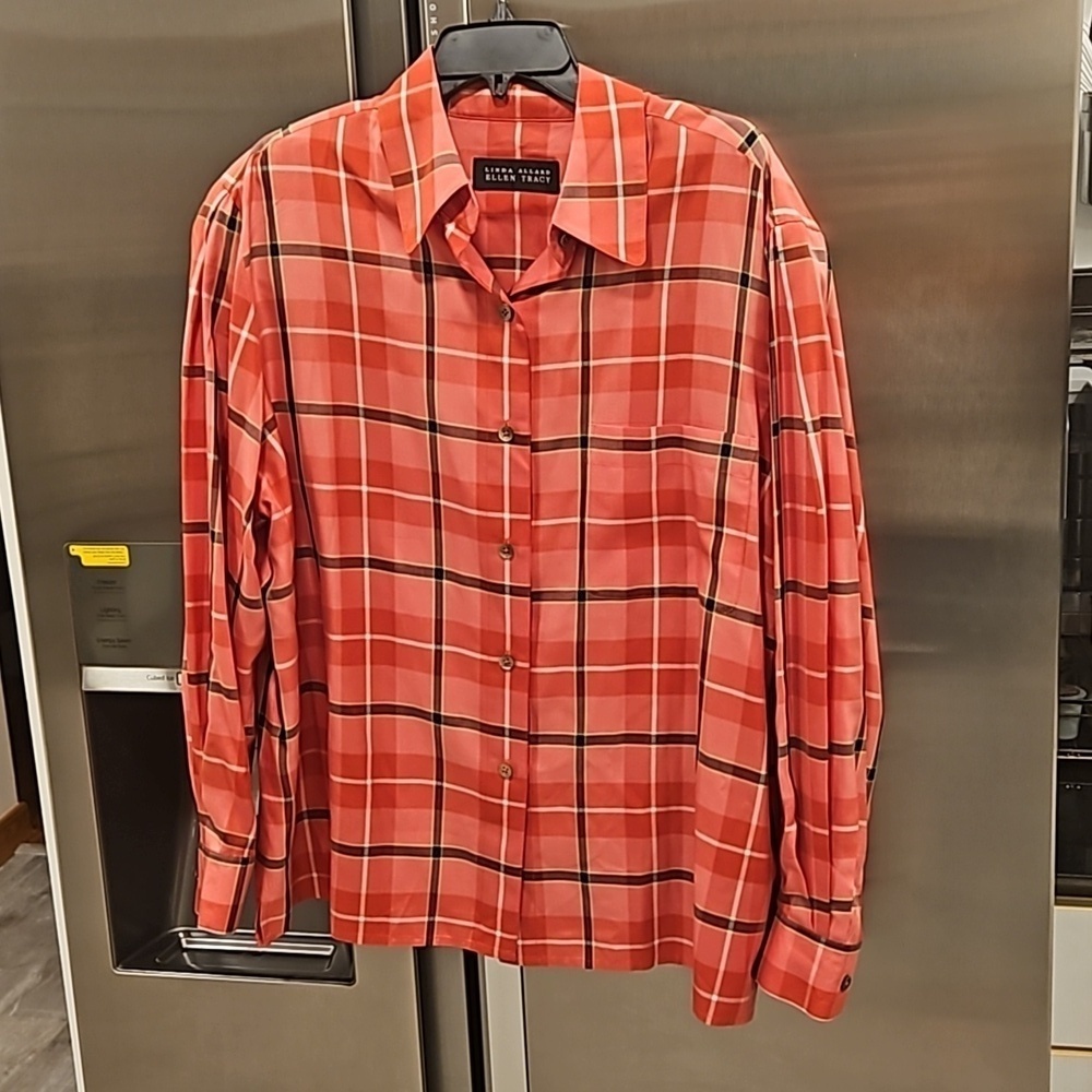 💕LINDA ALLARD ELLEN TRACY💕 Plaid Button Down Shirt ~ 100% Silk NWOT